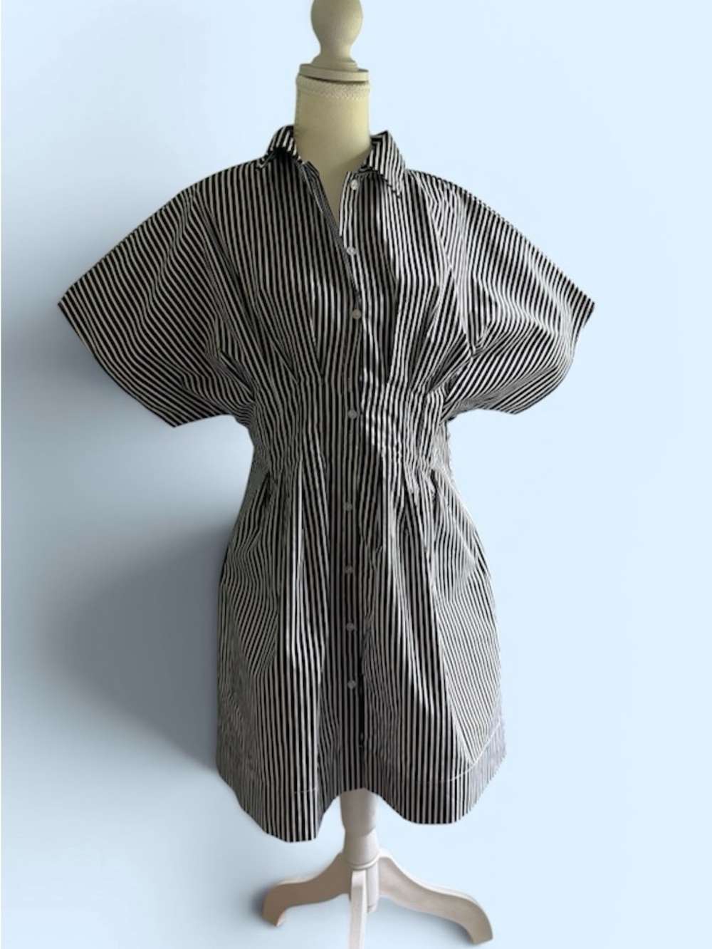 Black with White Stripes Flutter Sleeve Corset Mini Shirt Dress-S